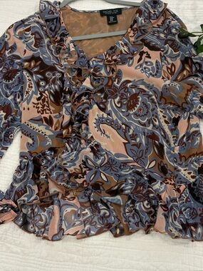 Rachel Zoe Blue, Brown and Pink Paisley Ruffle Blouse